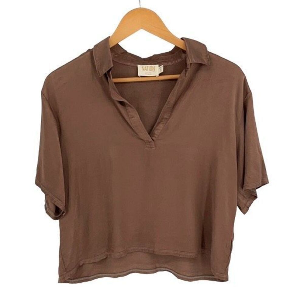Nation LTD Womens Satin Short Sleeve Collared V-Neck Crop Top Brown Small‎